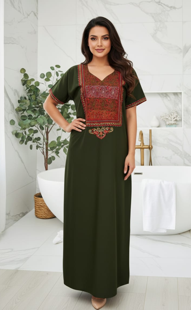 Olive Green Bhopali Embroidery Soft Cotton Nighty. Soft Breathable Fabric | Laces and Frills