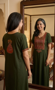 Olive Green Bhopali Embroidery Soft Cotton Nighty. Soft Breathable Fabric | Laces and Frills - Laces and Frills
