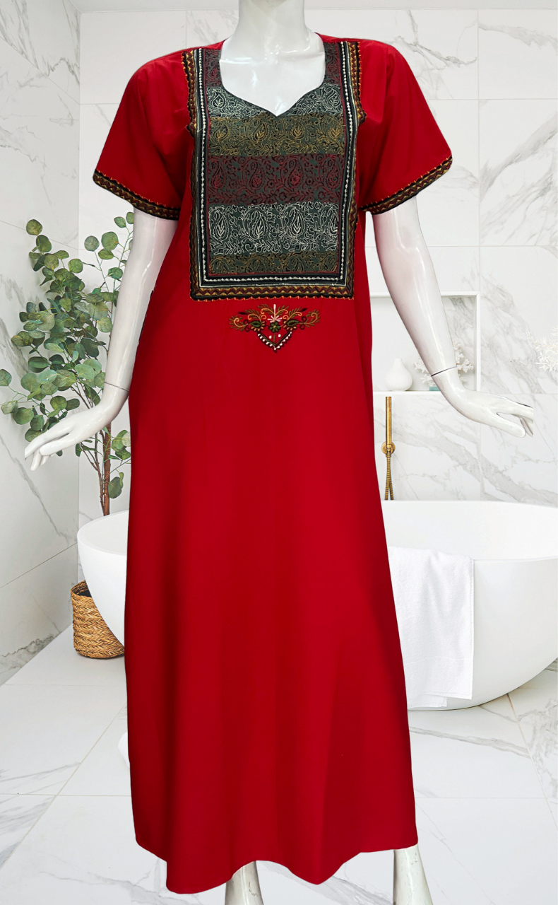 Red Bhopali Embroidery Soft Cotton Nighty. Soft Breathable Fabric | Laces and Frills