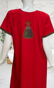Red Bhopali Embroidery Soft Cotton Nighty. Soft Breathable Fabric | Laces and Frills