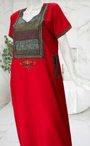Red Bhopali Embroidery Soft Cotton Nighty. Soft Breathable Fabric | Laces and Frills