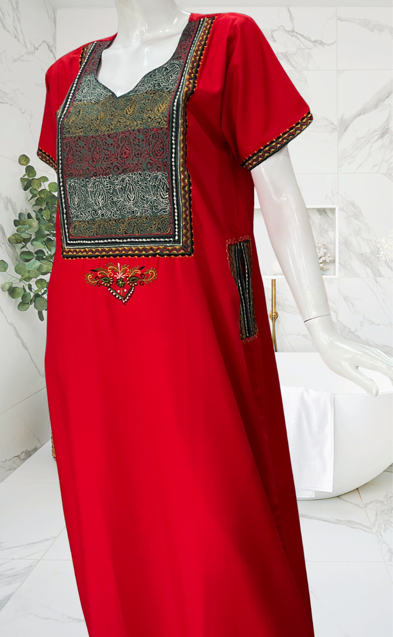 Red Bhopali Embroidery Soft Cotton Nighty. Soft Breathable Fabric | Laces and Frills