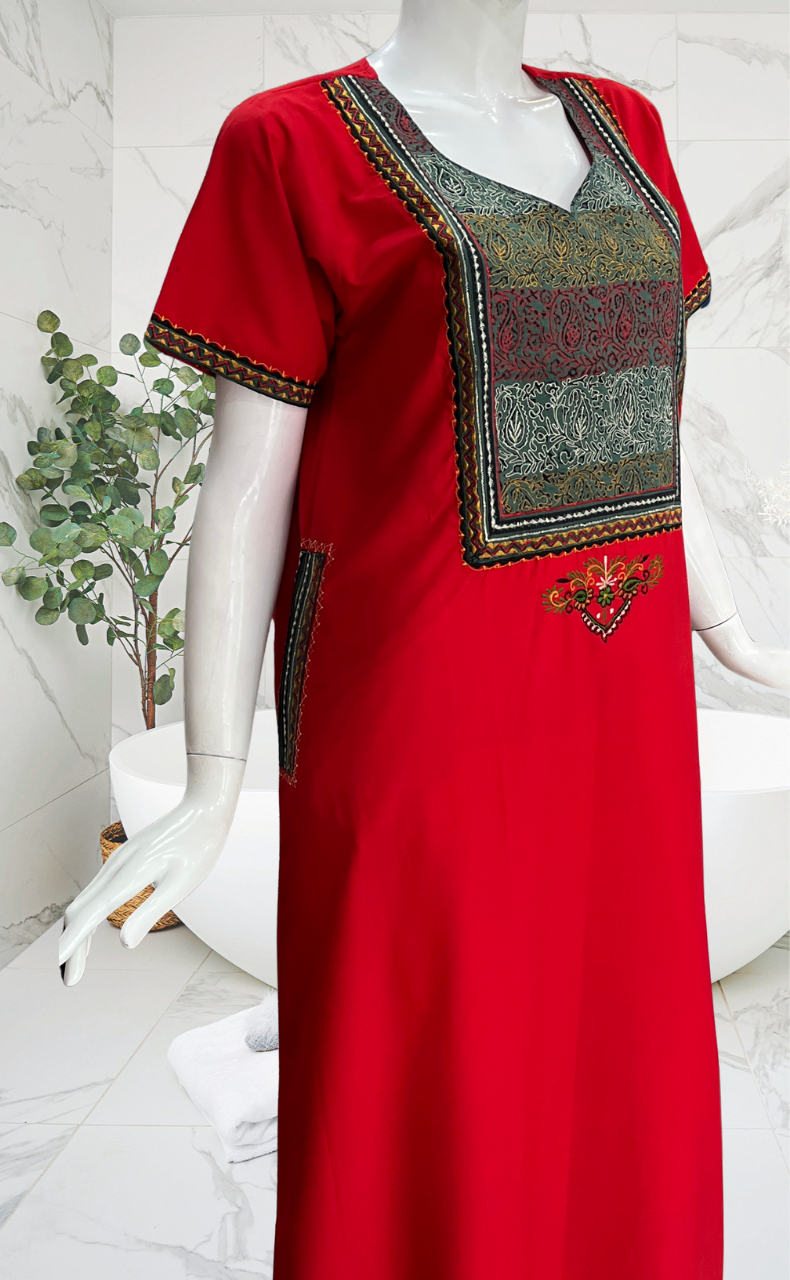 Red Bhopali Embroidery Soft Cotton Nighty. Soft Breathable Fabric | Laces and Frills