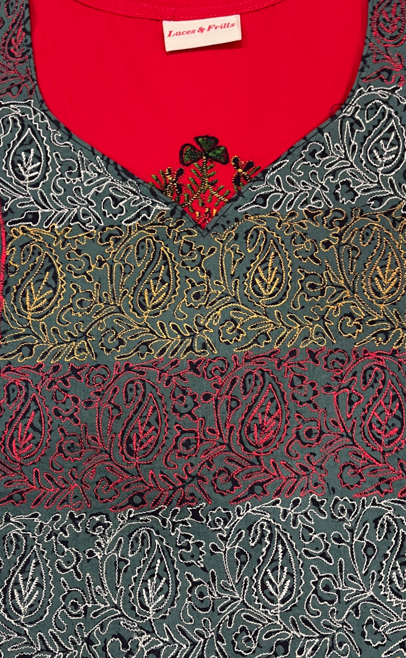 Red Bhopali Embroidery Soft Cotton Nighty. Soft Breathable Fabric | Laces and Frills