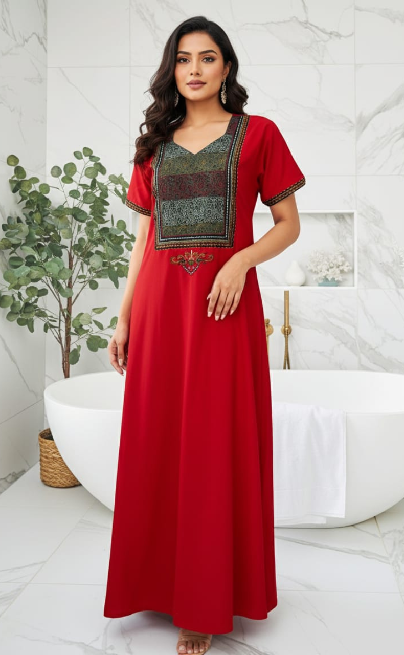 Red Bhopali Embroidery Soft Cotton Nighty. Soft Breathable Fabric | Laces and Frills
