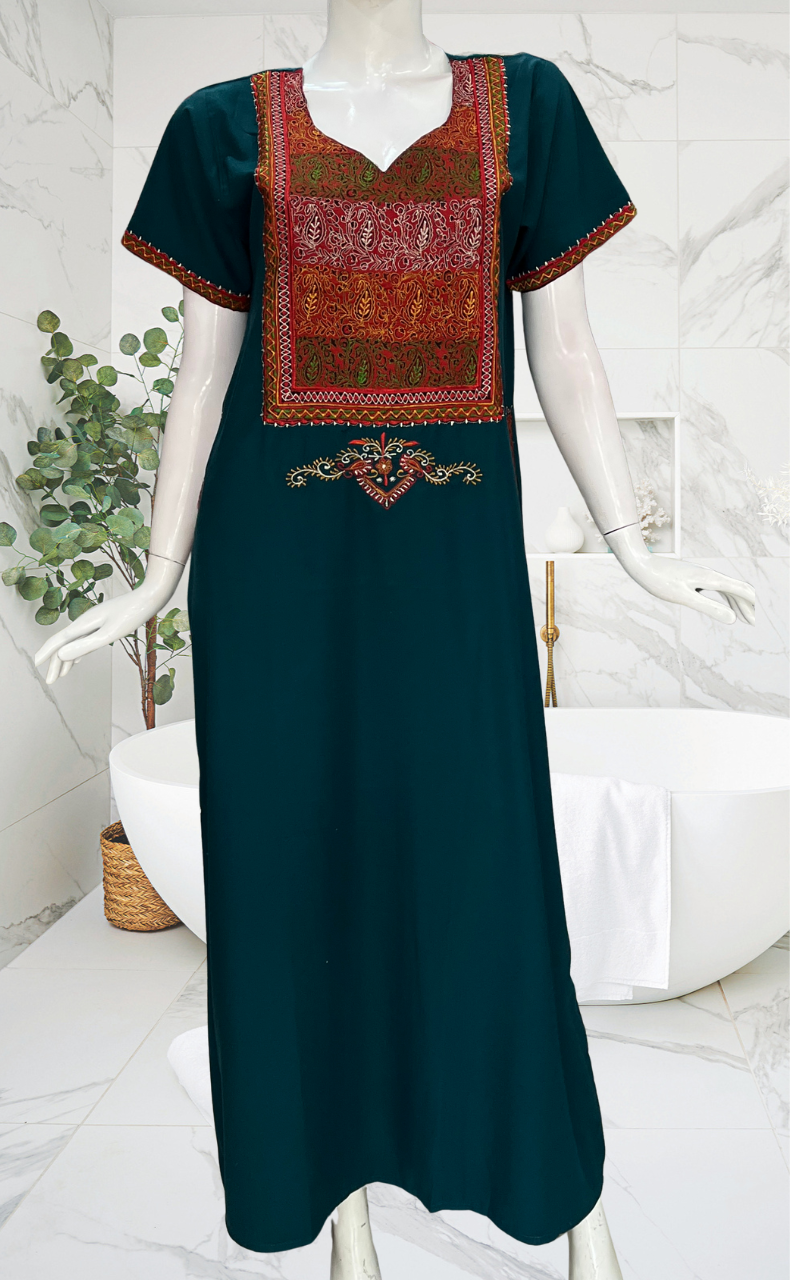 Teal Blue Bhopali Embroidery Soft Cotton Nighty. Soft Breathable Fabric | Laces and Frills