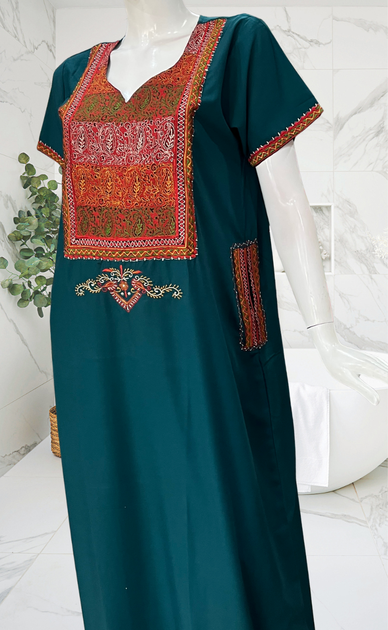 Teal Blue Bhopali Embroidery Soft Cotton Nighty. Soft Breathable Fabric | Laces and Frills