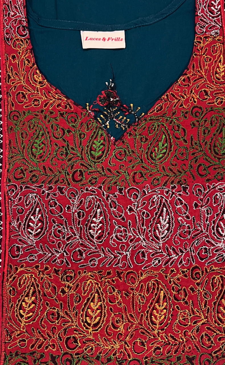 Teal Blue Bhopali Embroidery Soft Cotton Nighty. Soft Breathable Fabric | Laces and Frills