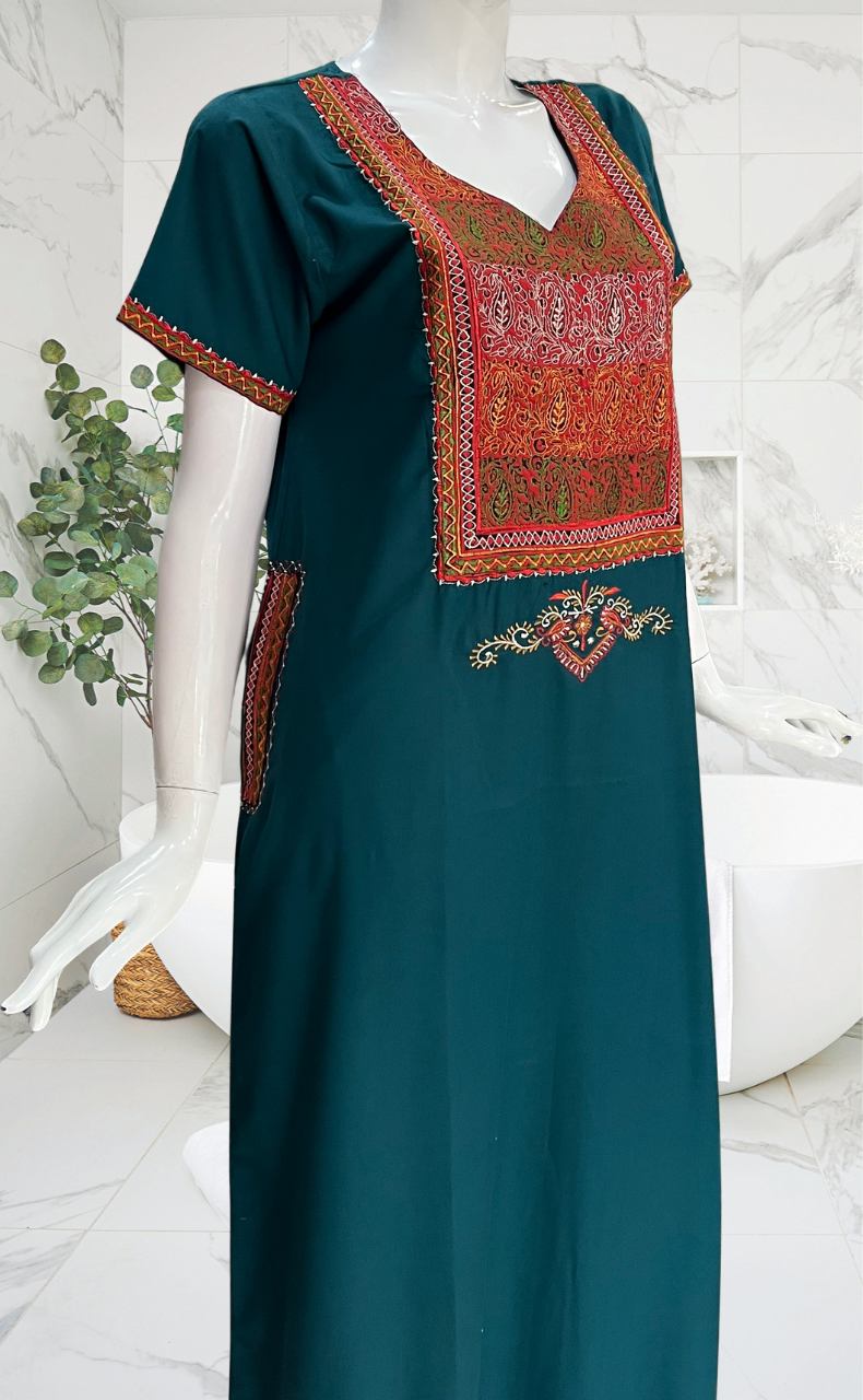 Teal Blue Bhopali Embroidery Soft Cotton Nighty. Soft Breathable Fabric | Laces and Frills