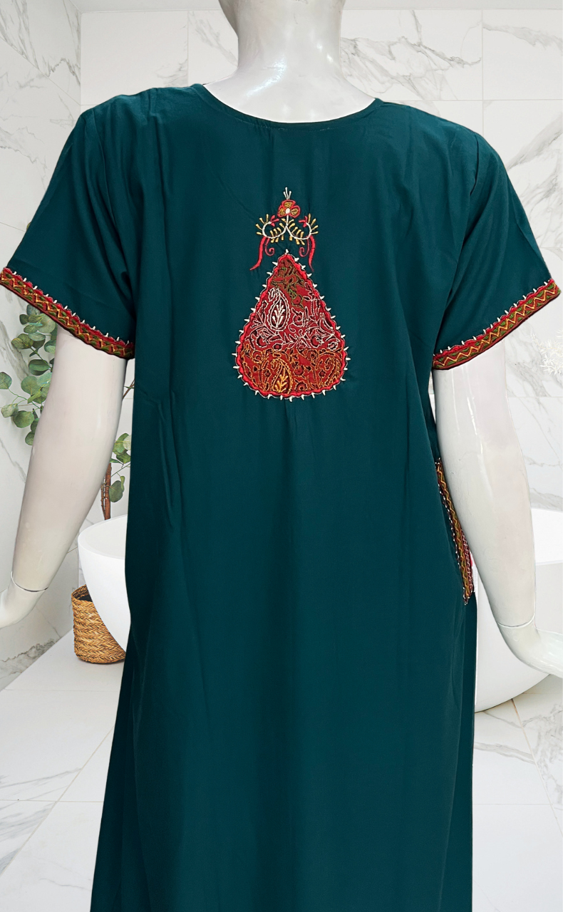 Teal Blue Bhopali Embroidery Soft Cotton Nighty. Soft Breathable Fabric | Laces and Frills