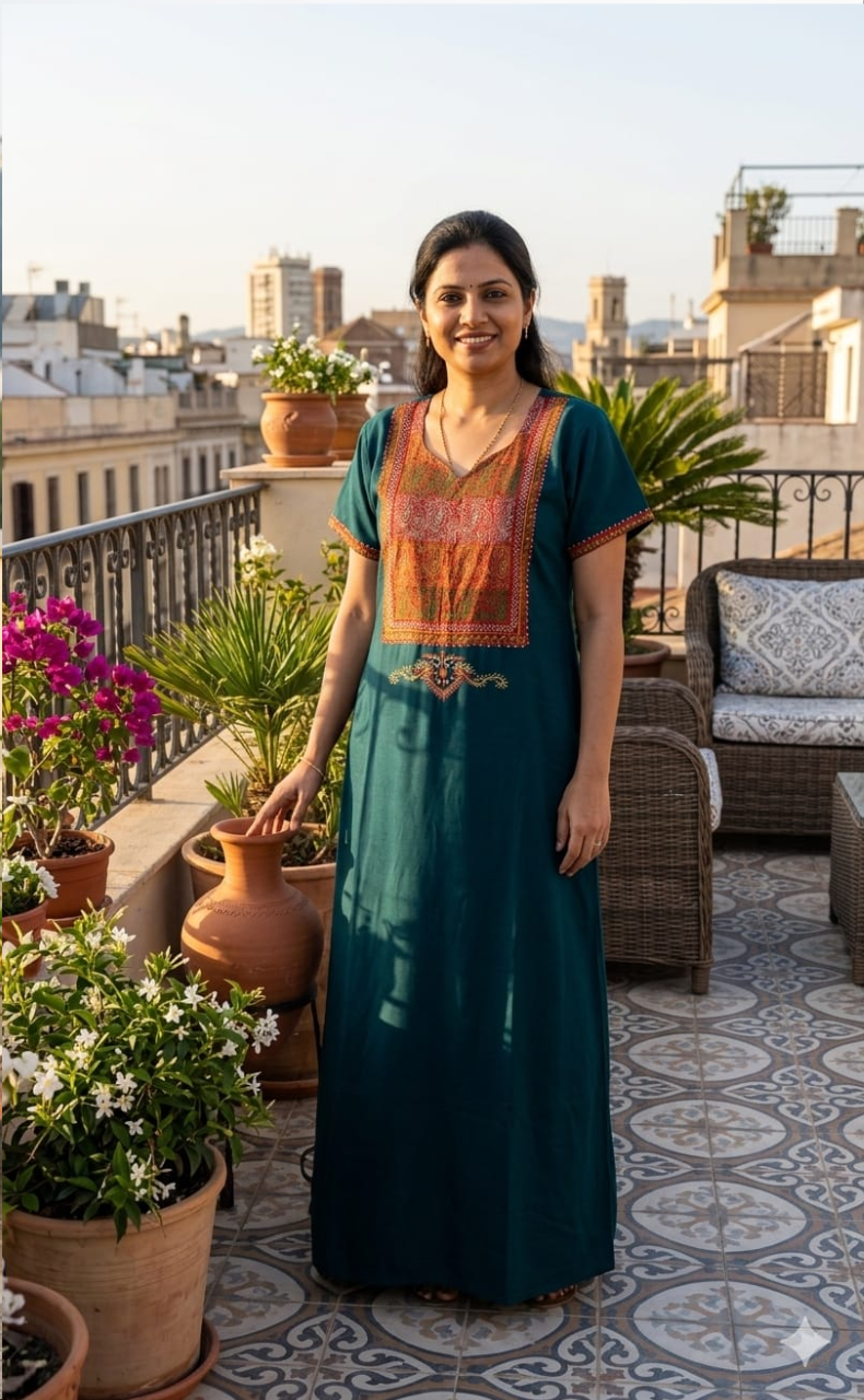 Teal Blue Bhopali Embroidery Soft Cotton Nighty. Soft Breathable Fabric | Laces and Frills - Laces and Frills