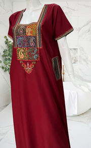 Maroon Bhopali Embroidery Soft Cotton Nighty. Soft Breathable Fabric | Laces and Frills