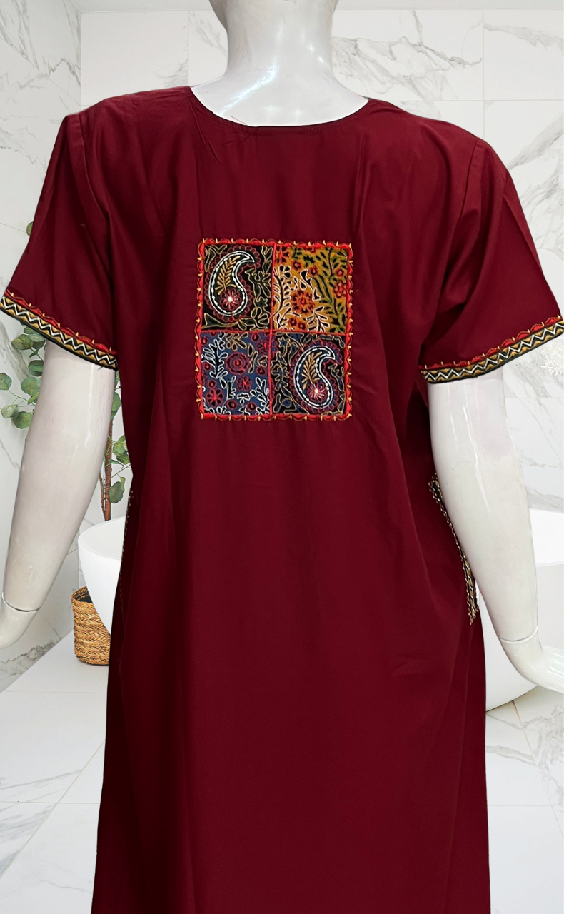 Maroon Bhopali Embroidery Soft Cotton Nighty. Soft Breathable Fabric | Laces and Frills