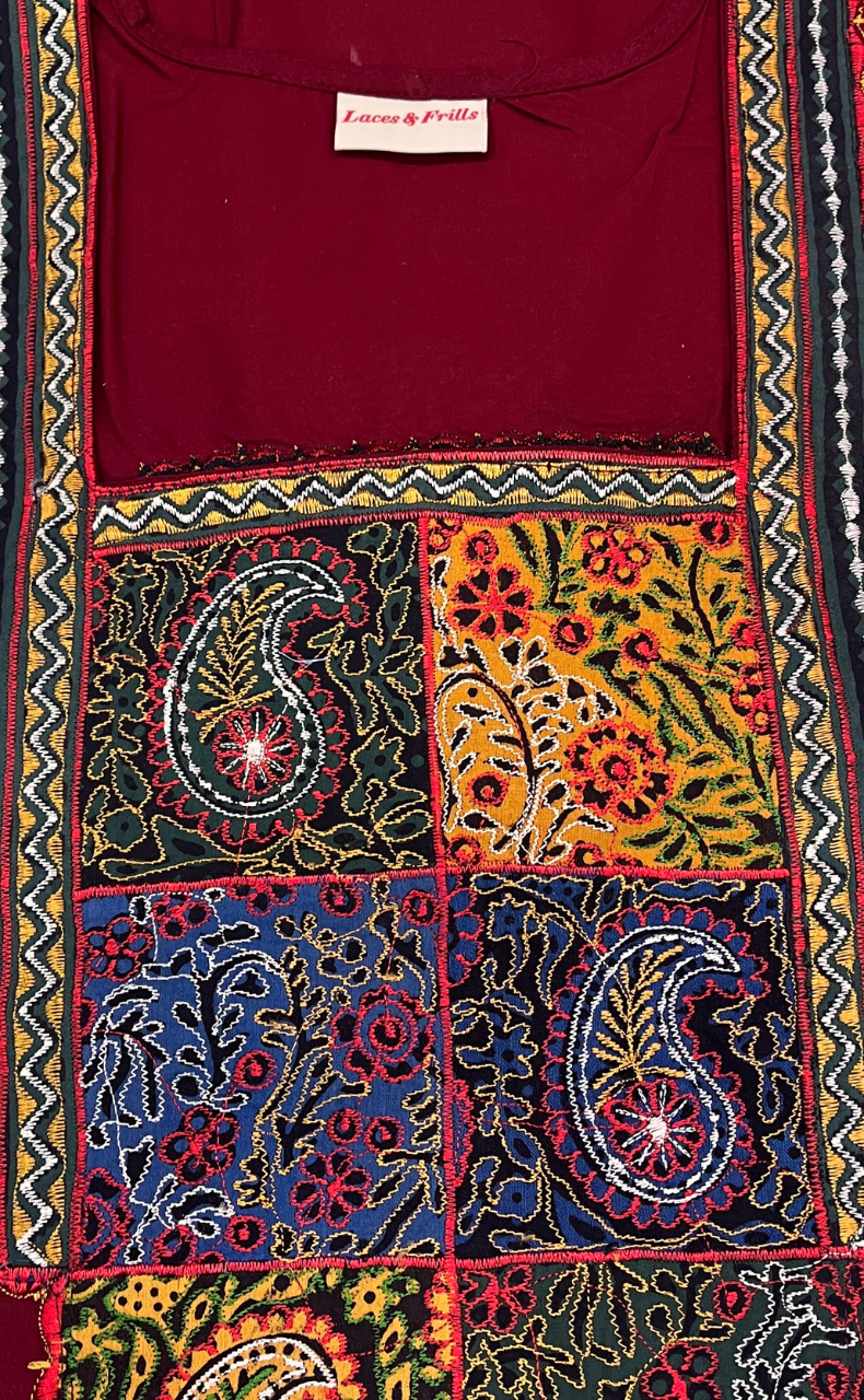 Maroon Bhopali Embroidery Soft Cotton Nighty. Soft Breathable Fabric | Laces and Frills