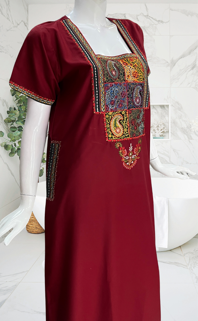 Maroon Bhopali Embroidery Soft Cotton Nighty. Soft Breathable Fabric | Laces and Frills