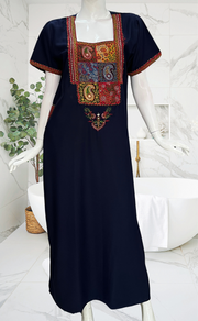 Navy Blue Bhopali Embroidery Soft Cotton Nighty. Soft Breathable Fabric | Laces and Frills