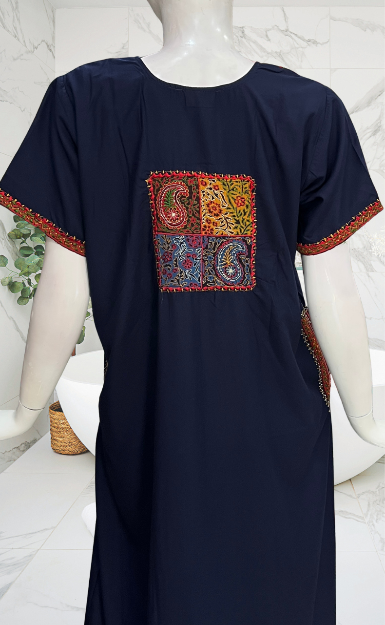 Navy Blue Bhopali Embroidery Soft Cotton Nighty. Soft Breathable Fabric | Laces and Frills