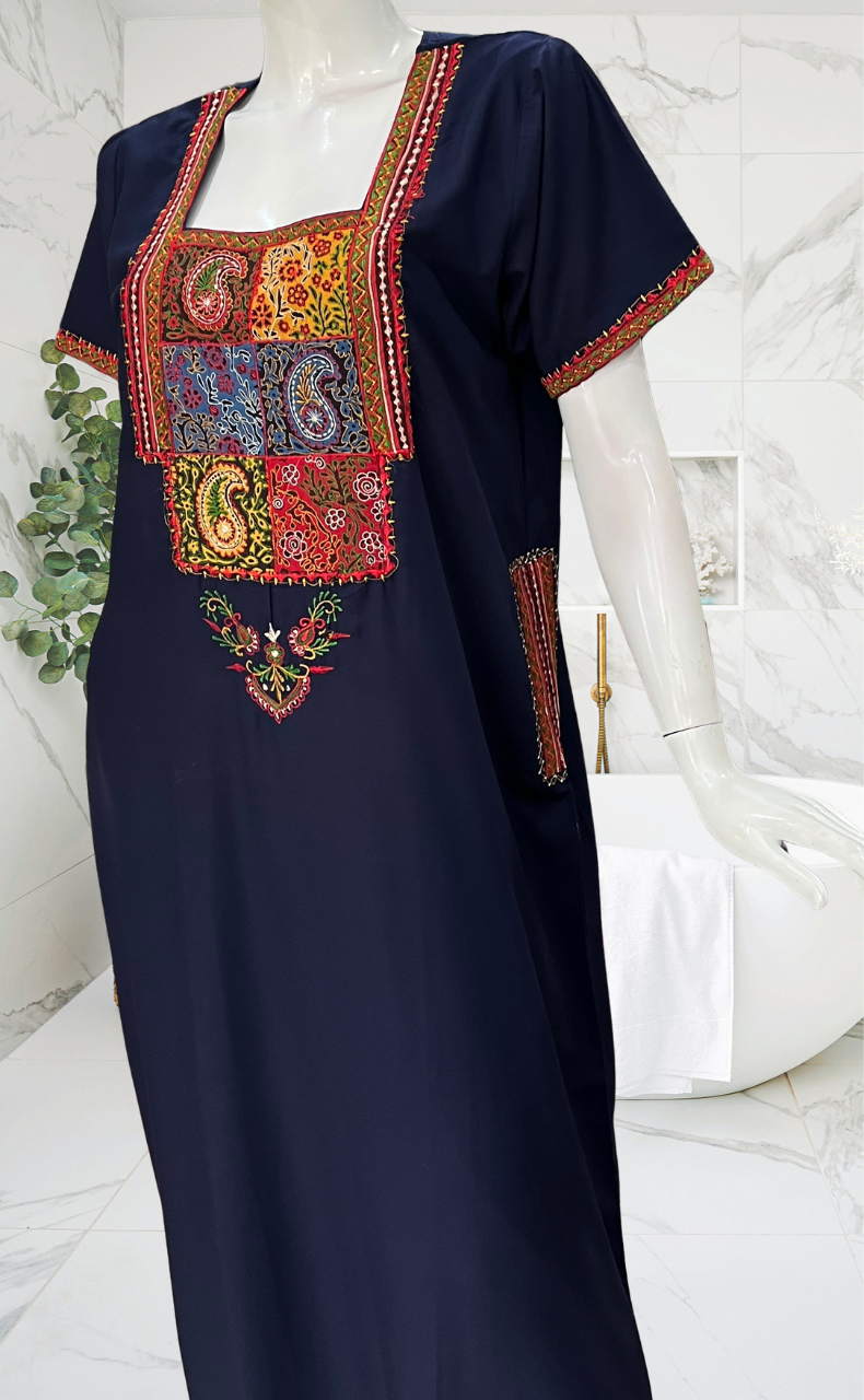 Navy Blue Bhopali Embroidery Soft Cotton Nighty. Soft Breathable Fabric | Laces and Frills
