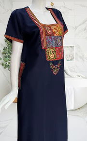 Navy Blue Bhopali Embroidery Soft Cotton Nighty. Soft Breathable Fabric | Laces and Frills