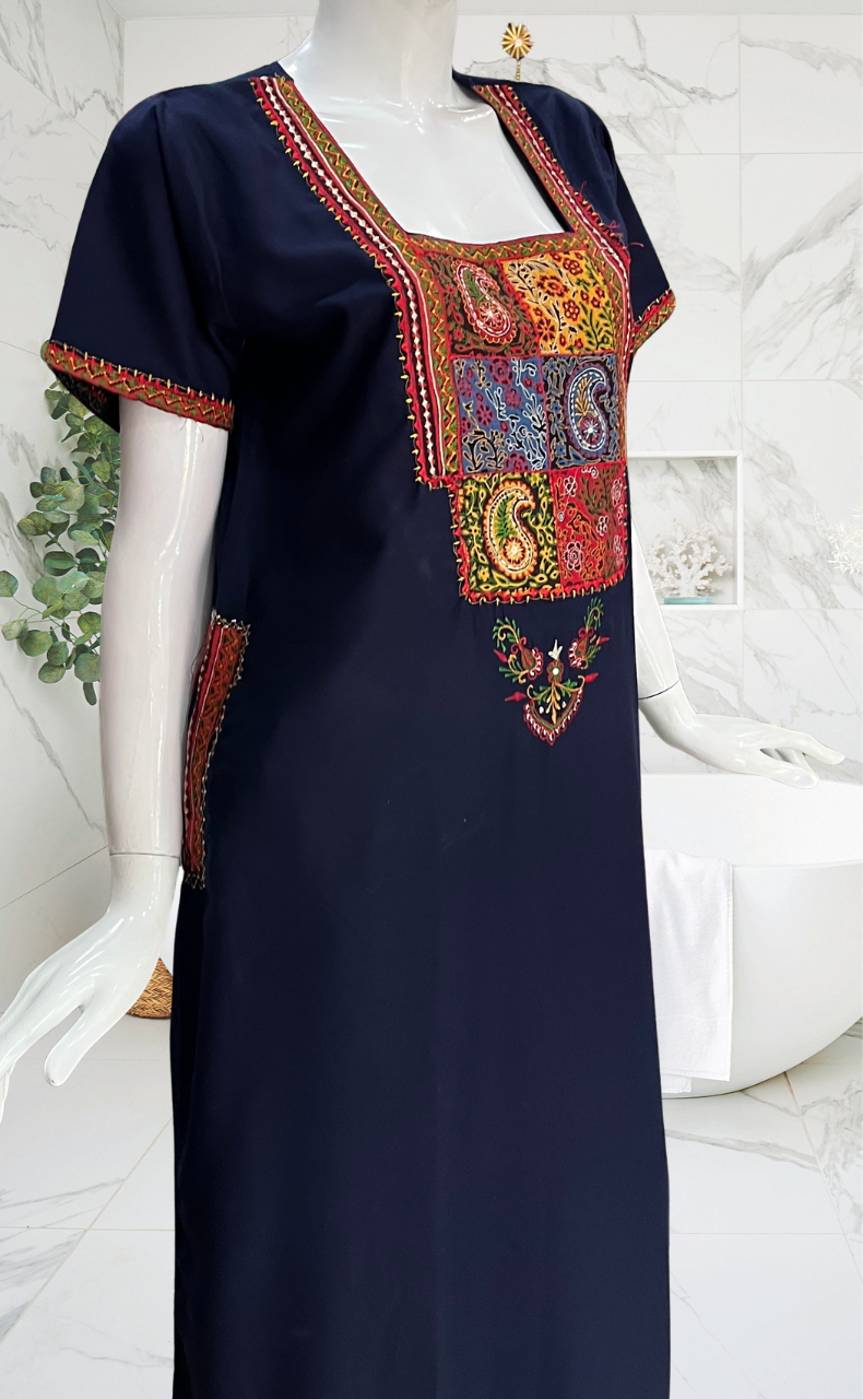 Navy Blue Bhopali Embroidery Soft Cotton Nighty. Soft Breathable Fabric | Laces and Frills