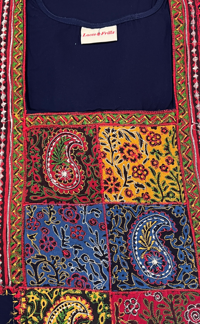 Navy Blue Bhopali Embroidery Soft Cotton Nighty. Soft Breathable Fabric | Laces and Frills