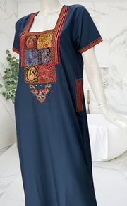 Indigo Blue Bhopali Embroidery Soft Cotton Nighty. Soft Breathable Fabric | Laces and Frills