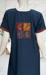 Indigo Blue Bhopali Embroidery Soft Cotton Nighty. Soft Breathable Fabric | Laces and Frills