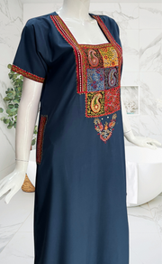 Indigo Blue Bhopali Embroidery Soft Cotton Nighty. Soft Breathable Fabric | Laces and Frills