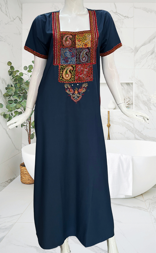 Indigo Blue Bhopali Embroidery Soft Cotton Nighty. Soft Breathable Fabric | Laces and Frills
