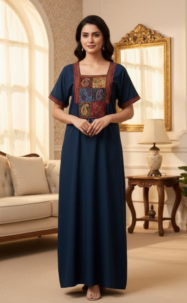 Indigo Blue Bhopali Embroidery Soft Cotton Nighty. Soft Breathable Fabric | Laces and Frills