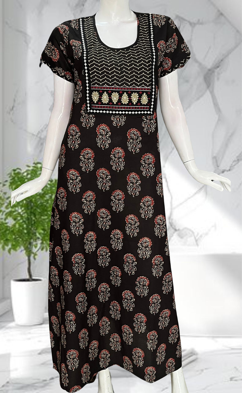 Black Floral Pure Cotton Nighty. Pure Durable Cotton | Laces and Frills