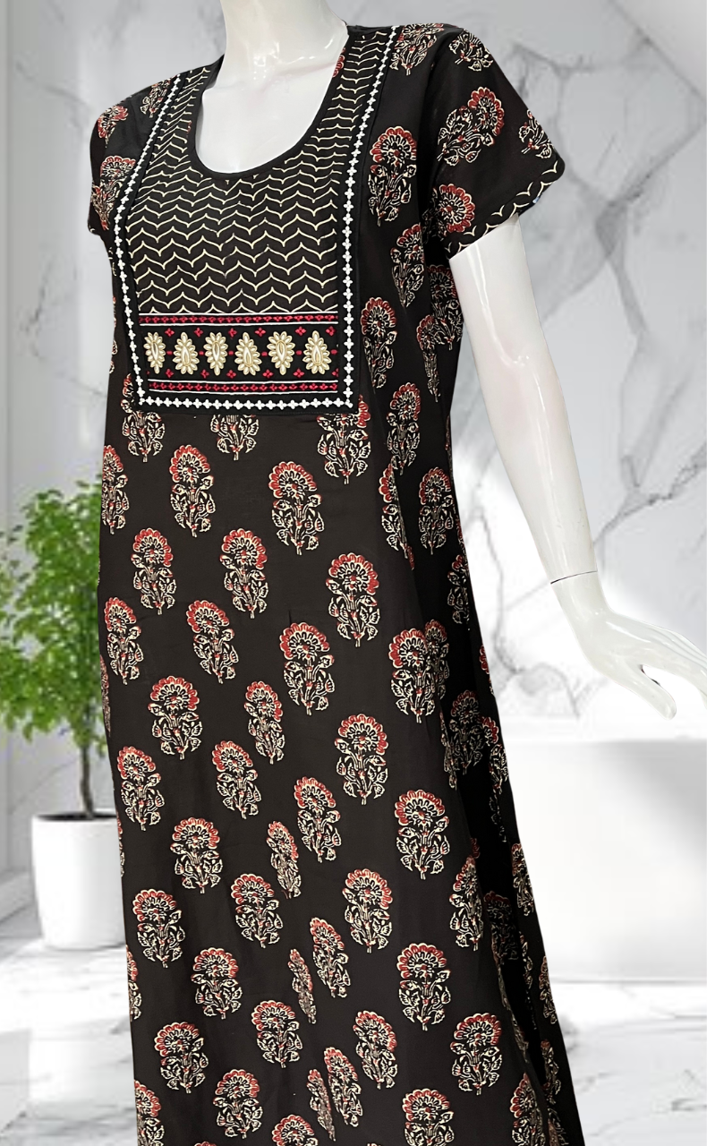 Black Floral Pure Cotton Nighty. Pure Durable Cotton | Laces and Frills