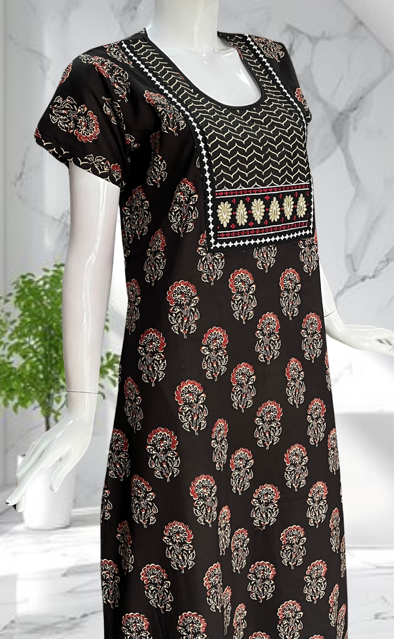 Black Floral Pure Cotton Nighty. Pure Durable Cotton | Laces and Frills