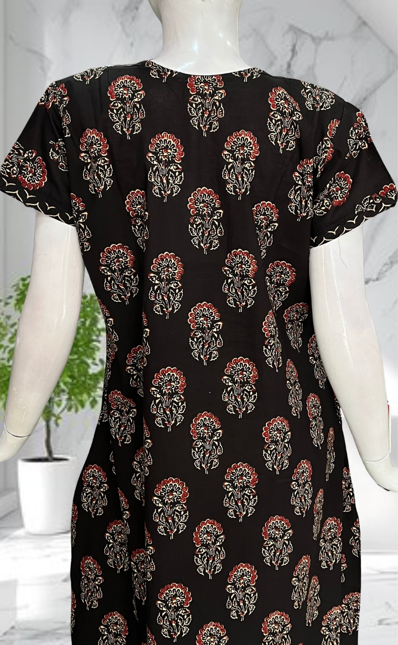 Black Floral Pure Cotton Nighty. Pure Durable Cotton | Laces and Frills
