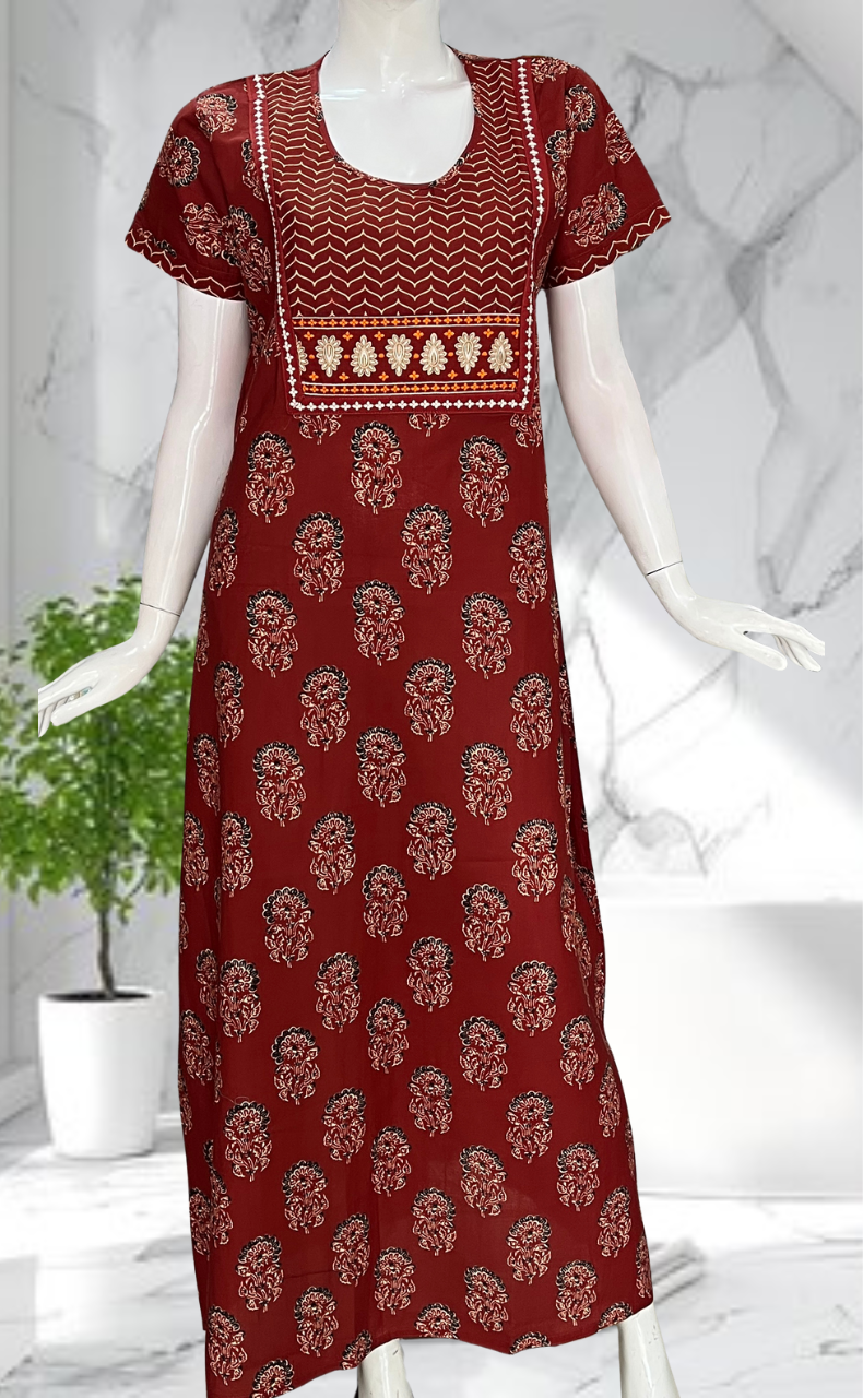 Maroon Floral Pure Cotton Nighty. Pure Durable Cotton | Laces and Frills