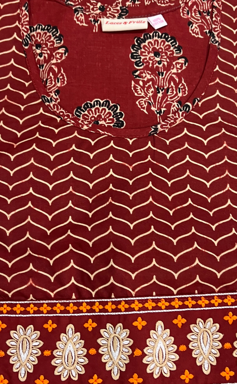 Maroon Floral Pure Cotton Nighty. Pure Durable Cotton | Laces and Frills