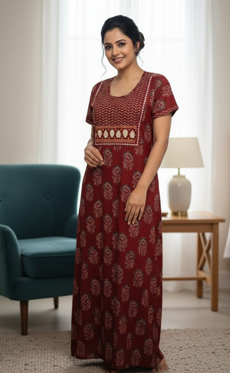 Maroon Floral Pure Cotton Nighty. Pure Durable Cotton | Laces and Frills