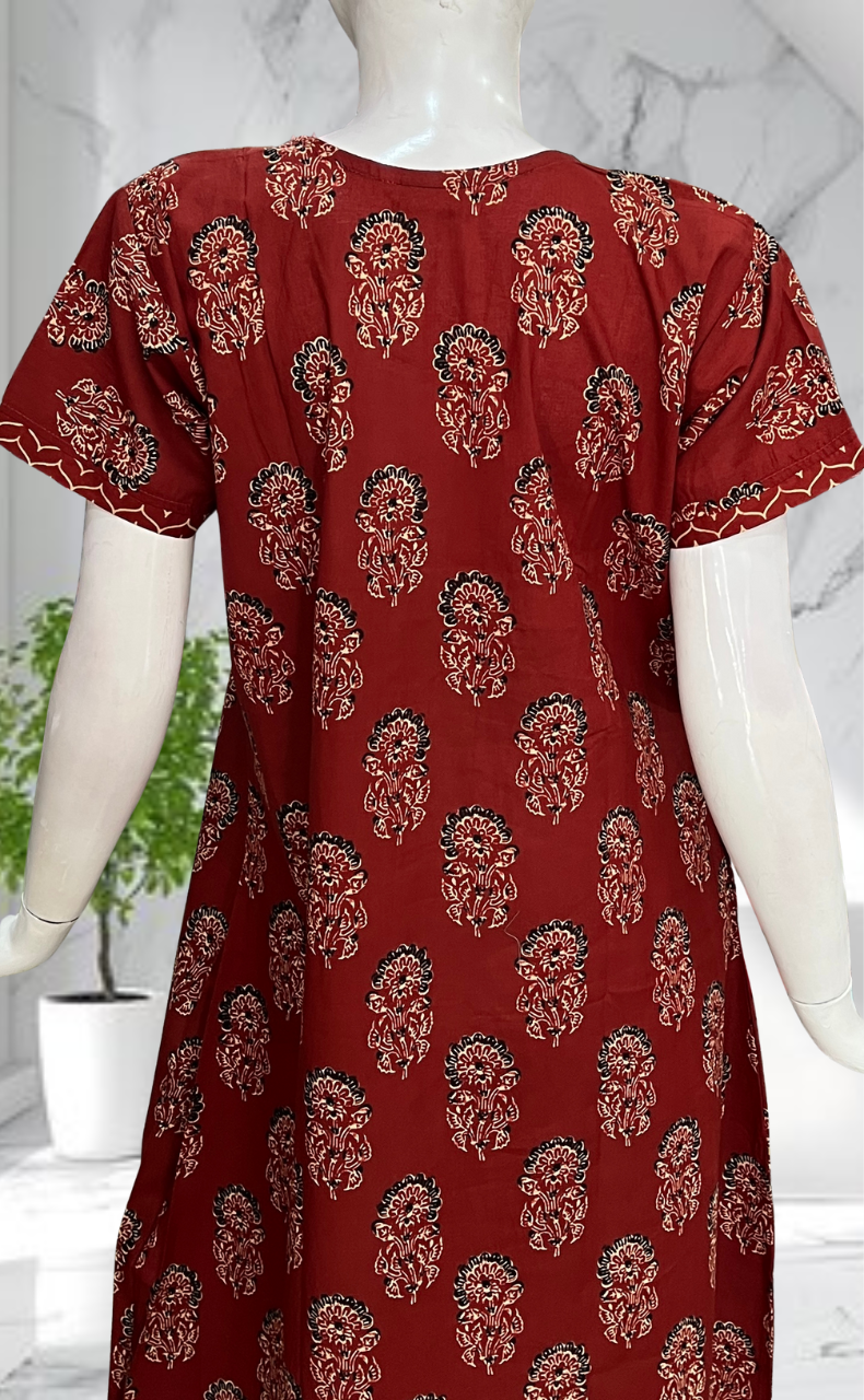 Maroon Floral Pure Cotton Nighty. Pure Durable Cotton | Laces and Frills