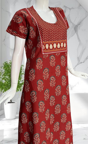 Maroon Floral Pure Cotton Nighty. Pure Durable Cotton | Laces and Frills