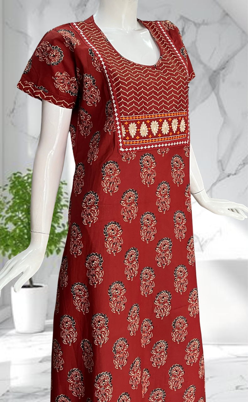 Maroon Floral Pure Cotton Nighty. Pure Durable Cotton | Laces and Frills