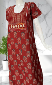 Maroon Floral Pure Cotton Nighty. Pure Durable Cotton | Laces and Frills