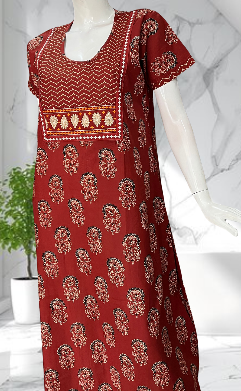 Maroon Floral Pure Cotton Nighty. Pure Durable Cotton | Laces and Frills