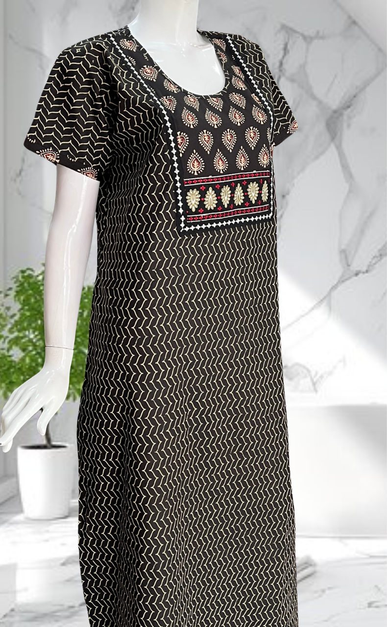 Black Abstract Pure Cotton Nighty. Pure Durable Cotton | Laces and Frills
