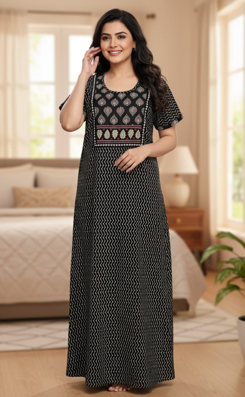 Black Abstract Pure Cotton Nighty. Pure Durable Cotton | Laces and Frills