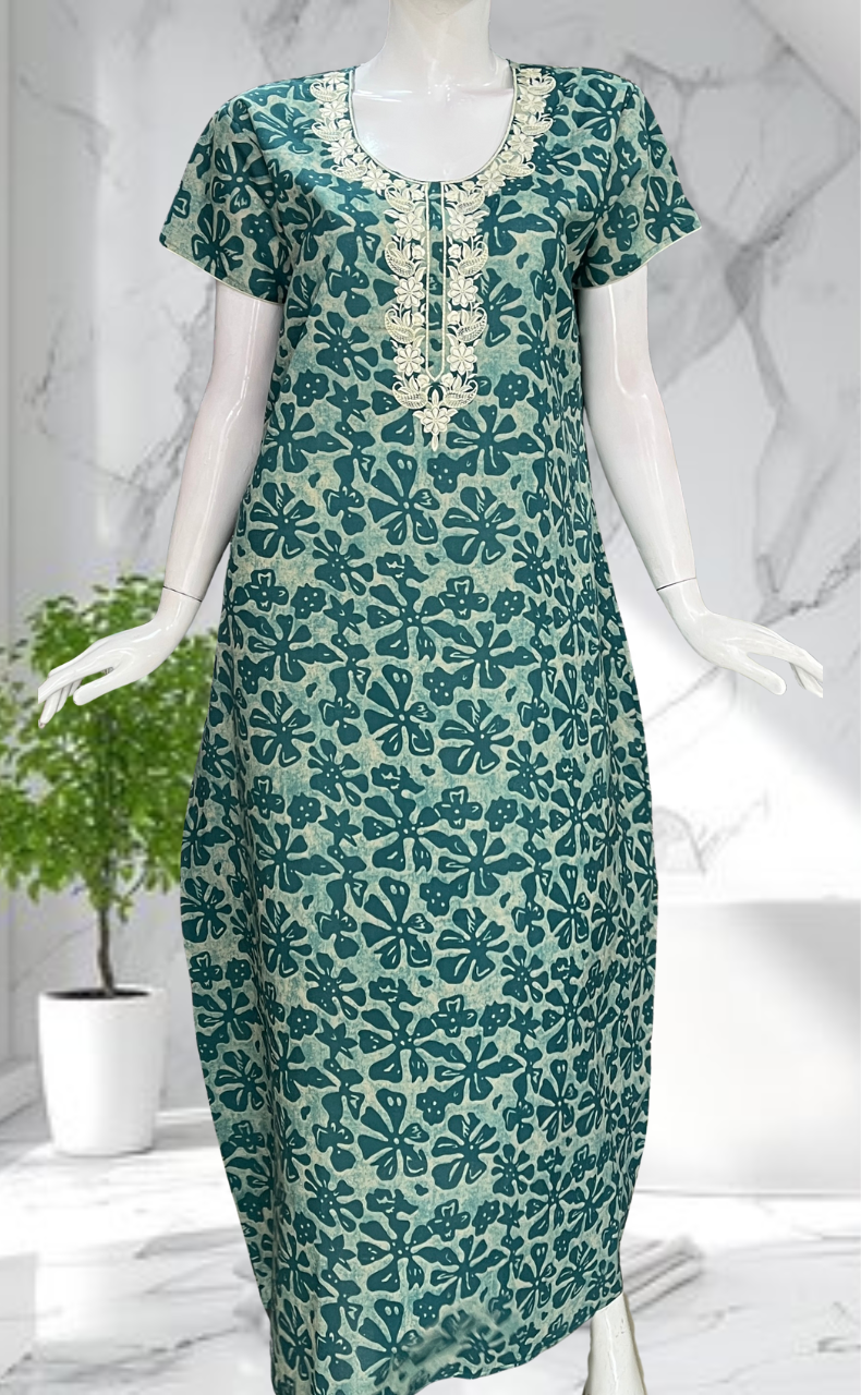 Sea Green Floral Pure Cotton Nighty. Pure Durable Cotton | Laces and Frills