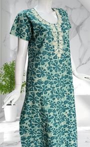 Sea Green Floral Pure Cotton Nighty. Pure Durable Cotton | Laces and Frills