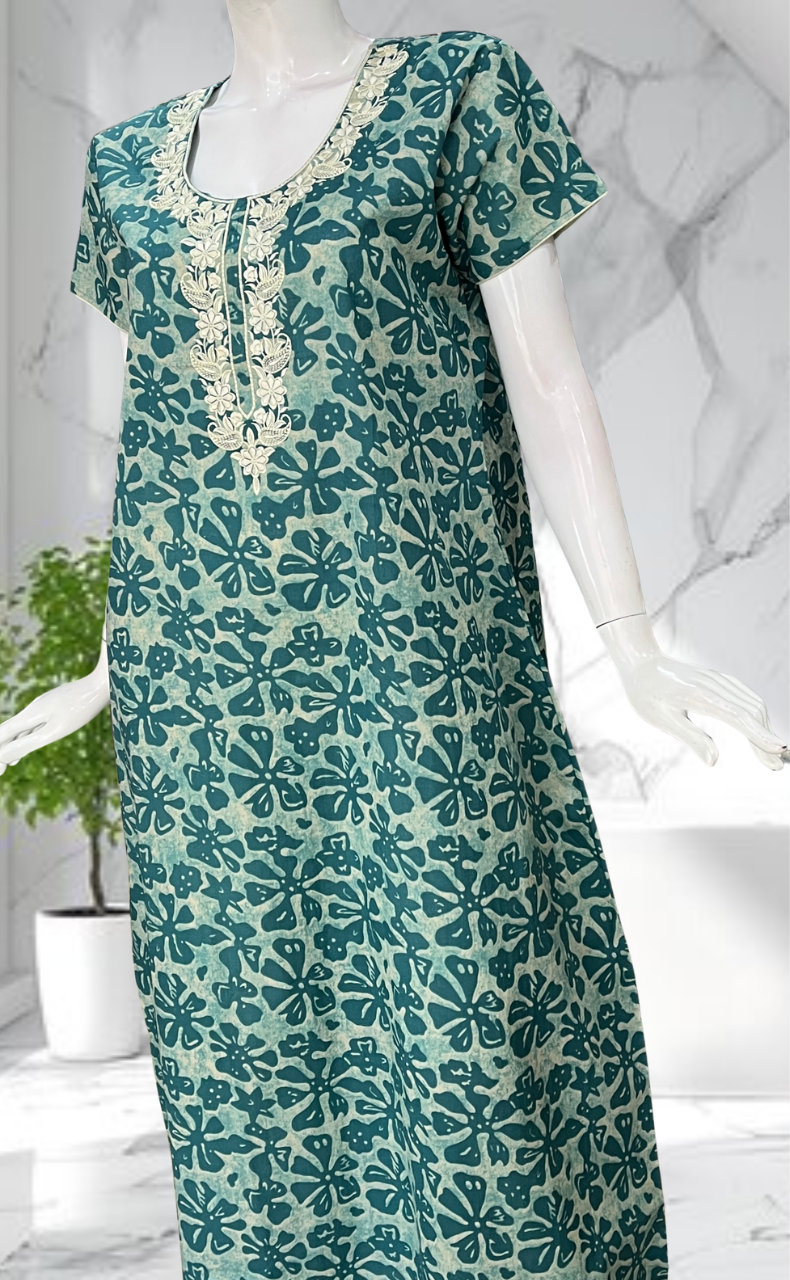 Sea Green Floral Pure Cotton Nighty. Pure Durable Cotton | Laces and Frills