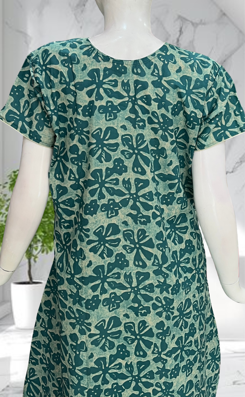 Sea Green Floral Pure Cotton Nighty. Pure Durable Cotton | Laces and Frills