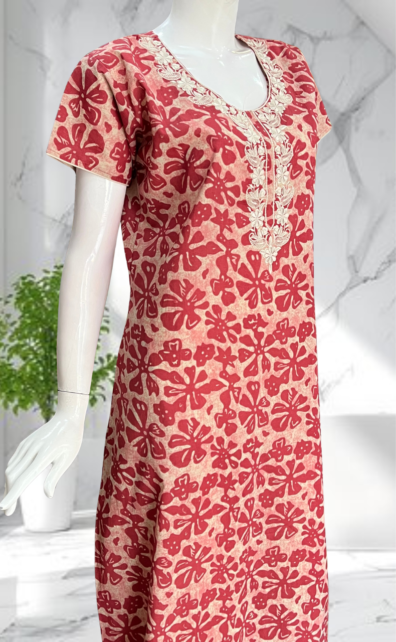 Maroon Floral Pure Cotton Nighty. Pure Durable Cotton | Laces and Frills