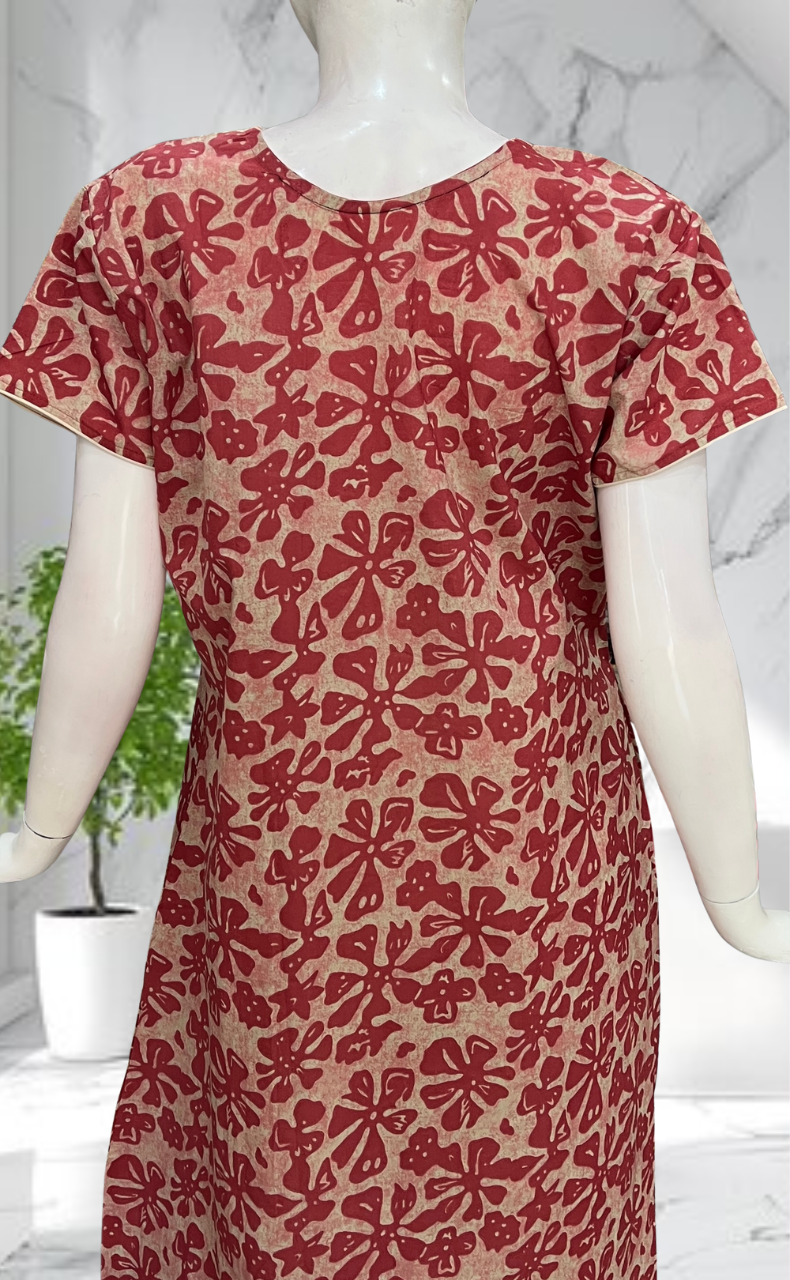 Maroon Floral Pure Cotton Nighty. Pure Durable Cotton | Laces and Frills